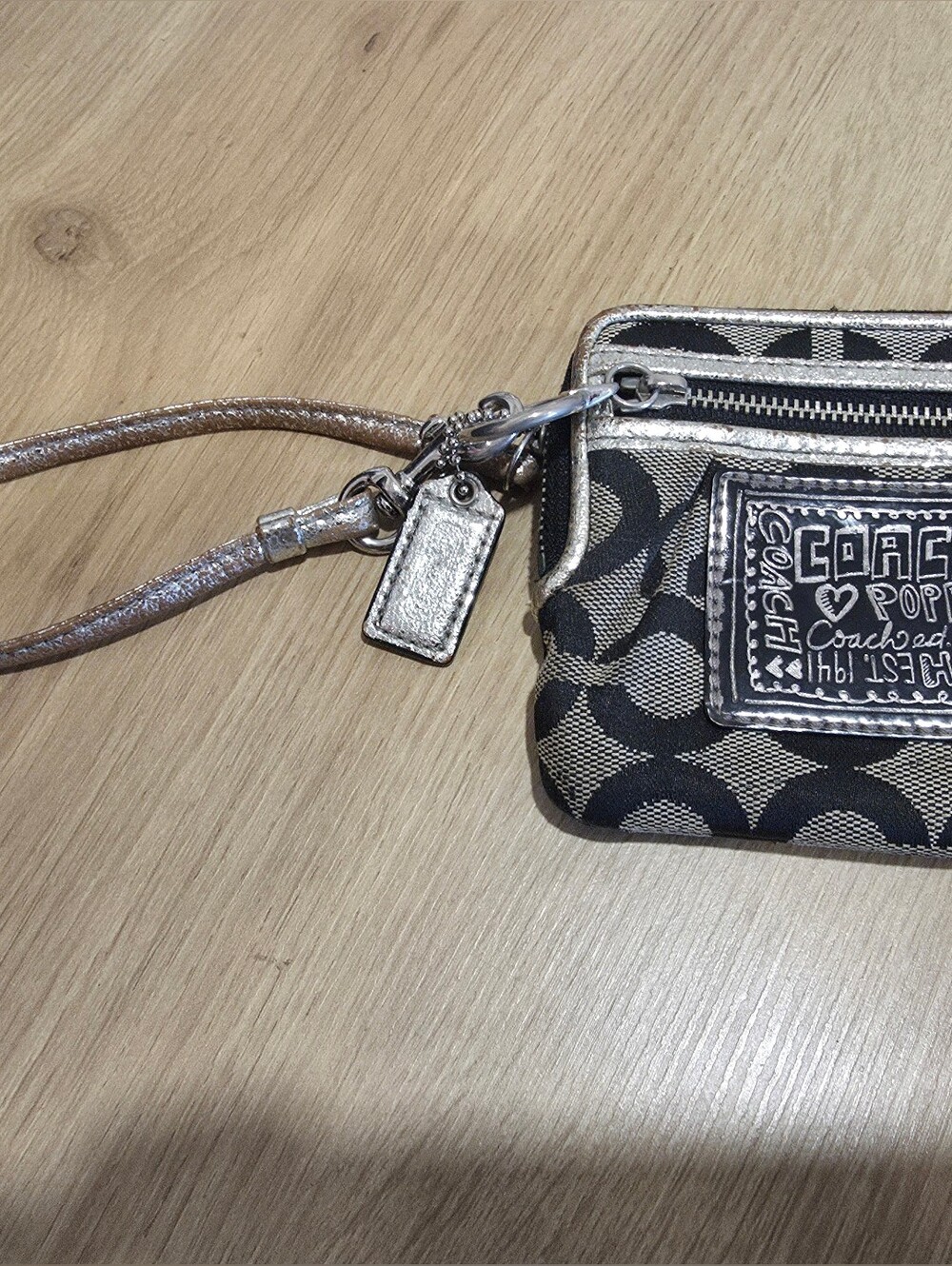 Y2K Coach Poppy Black & Silver Signature Canvas Wristlet with Metallic Accents